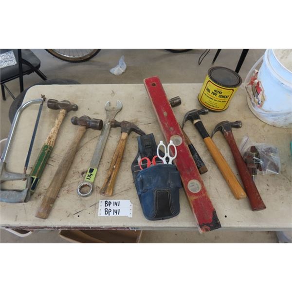 Assorted Hammers, Level, Hack Saw, Tool Pouch