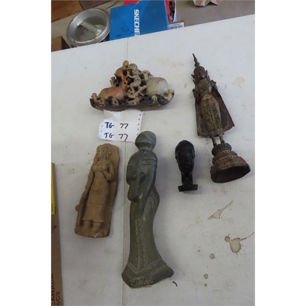 5 Asian Figurines - 1 Brass + Stone Carvings