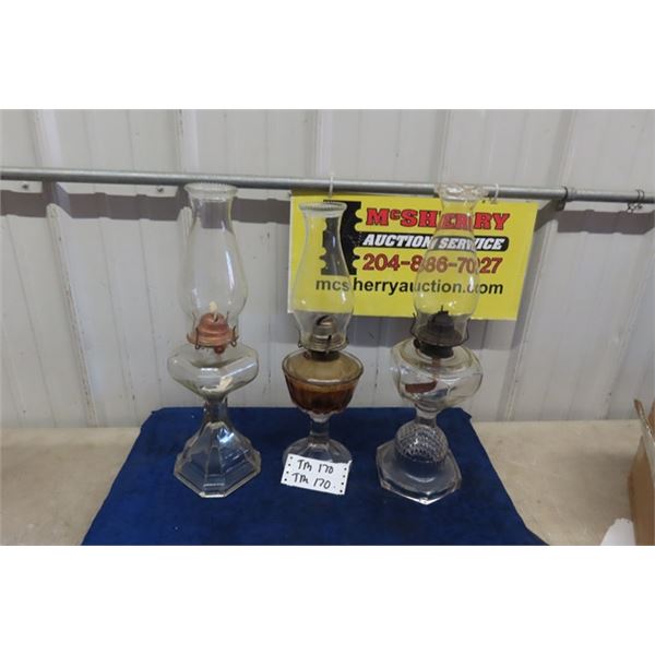 3 Coal Oil Lamps with Chimneys