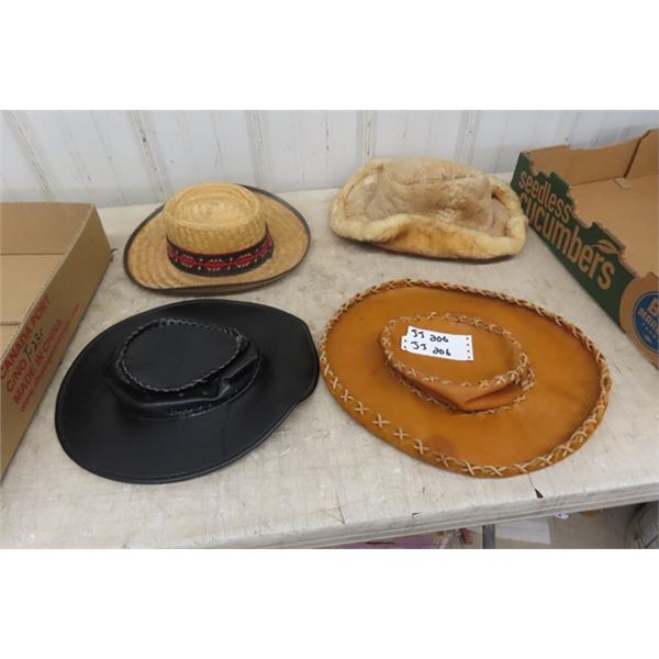 4 Cowboy Style Hats ; 2 Leather, 1 Sheep Hide, 1 Summer