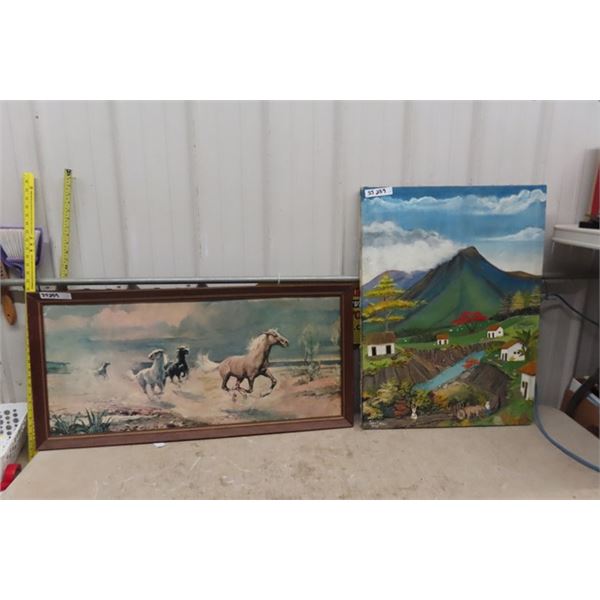 2 Paintings ; Wild Horses 20  x 40  + Scenery 24  x 32 