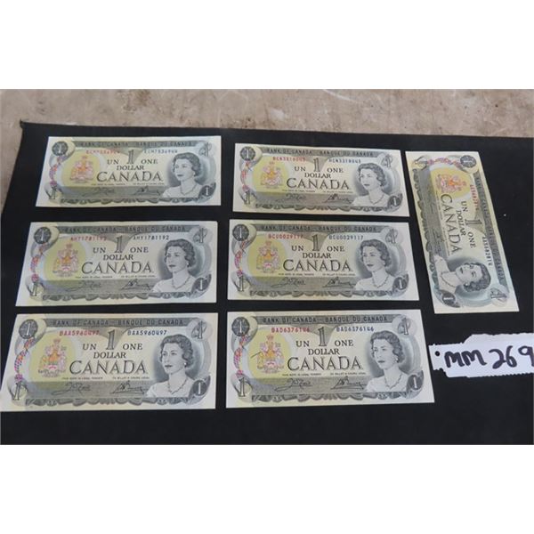 7 Canadian $1 Bill - All 1973