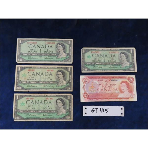 5 Assorted Canada Paper Bills ; (1) 1954 $1, (3) 1967 $1 + (1) 1974 $2