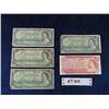 Image 1 : 5 Assorted Canada Paper Bills ; (1) 1954 $1, (3) 1967 $1 + (1) 1974 $2