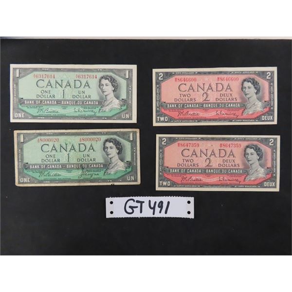 (2) 1954 Canada $1 Bills + (2) $2 Bills