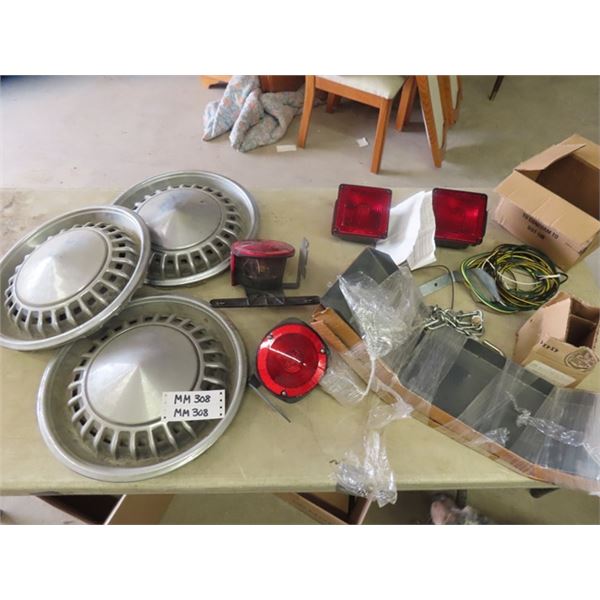 3 Hubcaps, Tail Lights, Wire, Trailer Fenders