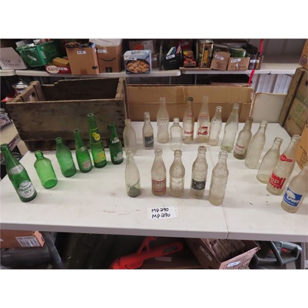 24 Assorted Pop Bottles with Wooden Crate ; Stubby, Drewerys, Sun