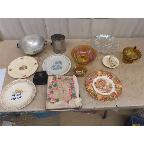 Assorted Dishware Including Queen Coronation Plate, Flour Sifter, 