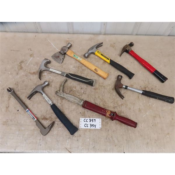 Assorted Claw Hammers, Nail Puller, Prybar, Hatchet