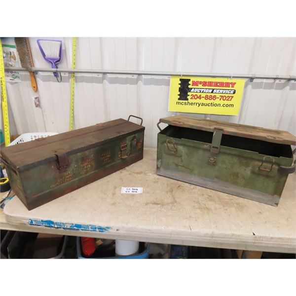 2 Metal Military Tool Boxes ; 10  x 15  x 24   & 9  x 9  x 28  