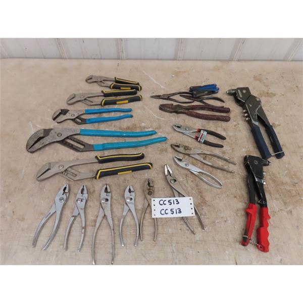 Assorted Channel Lock Pliers, Regular Pliers, Riveters