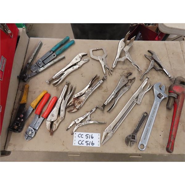 Assoted Vice Grips, Wire Crimpers, Pipe Wrench