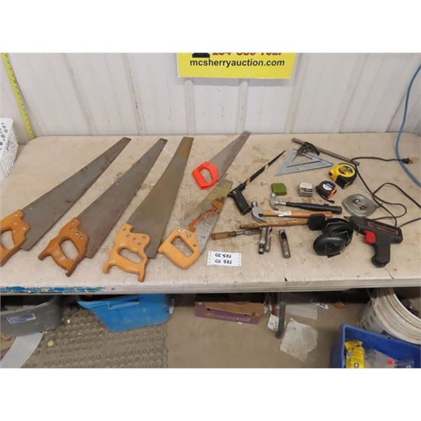 Hand Saws,  Claw Hammers, Tape Measures, Glue Gun, Squares