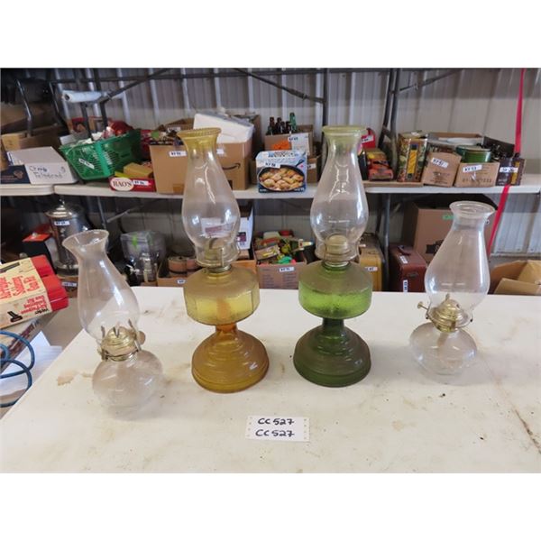 4 Coal Oil Lamps - 2 Smaller Clear, Green, Amber - Tallest 18.5"