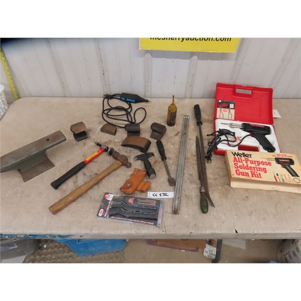 Assorted Auto Body Wedges, Hammers, Pry Bars, Anvil Engraver, Soldering Gun