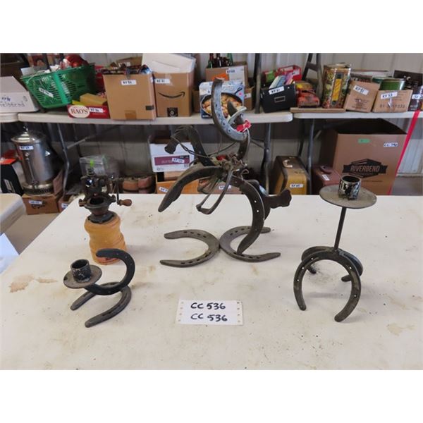 Horse Shoe Metal Art - Horse + Rider, Candle Holders, Watkins 100th