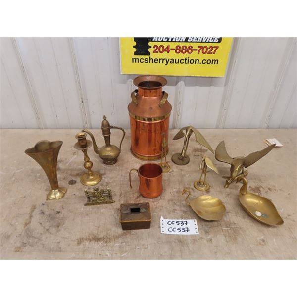 Assorted Decorative Brass + Copper ; Milk Jug, Swan Soap Dishes, Candle 