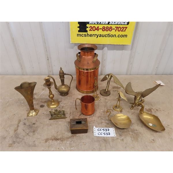 Assorted Decorative Brass + Copper ; Milk Jug, Swan Soap Dishes, Candle 