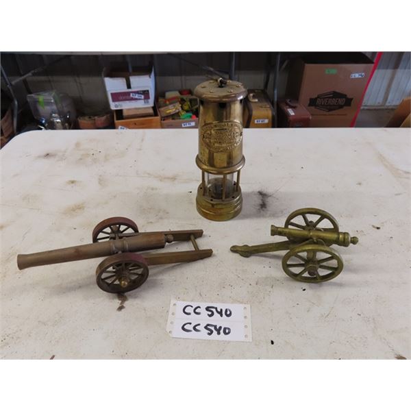 2 Brass Decoratvie Cannons, Brass British Coal Mining Lamp 9" Tall