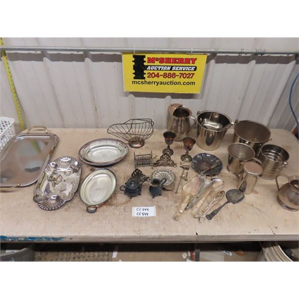 Large Assortement of Silver Plate + Chrome ; Platters, Buckets, Utensils, 