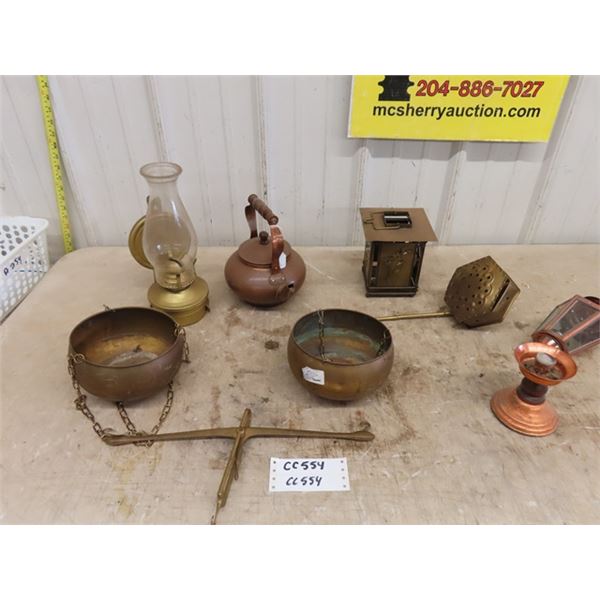 Assorted Copper Goodies ; Hanging Scale, Tea Pot, Candle Holder, Wall