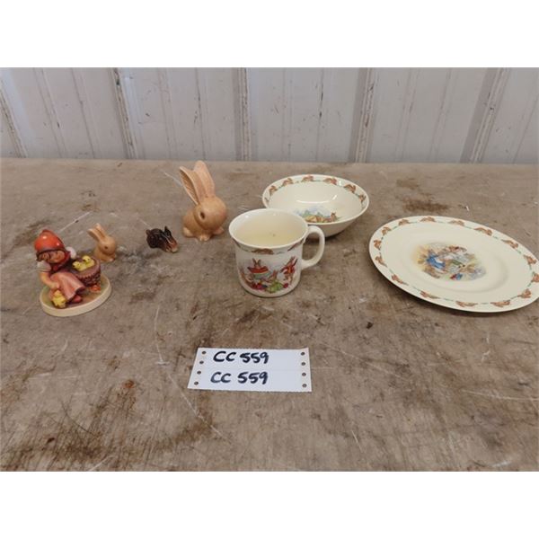 3 Beatrix Potter Bunnykins Cup/ Plate/ Bowl, Assorted Bunny Figures,