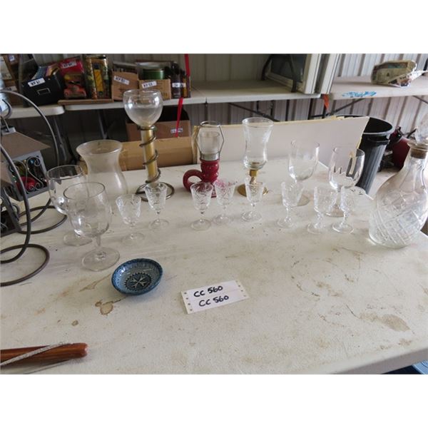 Assorted Glassware ; Wine Glasses, Decanter, Candle Holders, plus more