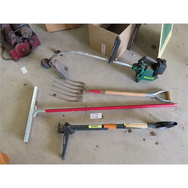 Gas Powered Weed Eater, 6 Tine Hay Fork, Floor Squeegee, Fiskars Dandelion