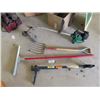Image 1 : Gas Powered Weed Eater, 6 Tine Hay Fork, Floor Squeegee, Fiskars Dandelion