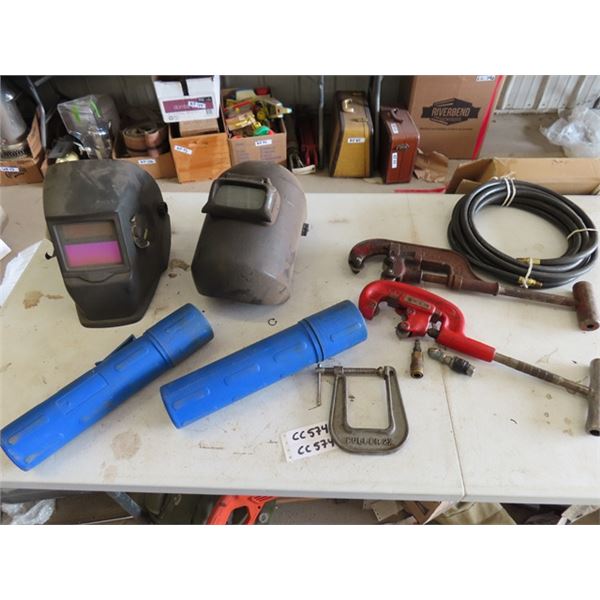 2 Pipe Cutters, Air Hose, Welding Masks, Welding Rods