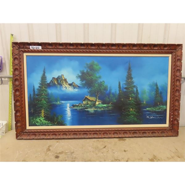 Large Oil on Canvas Framed Picture - Cabin by The Mountain  