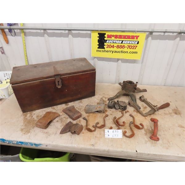 Wooden Box with Hinged Top, Cast 1930's Christmas Tree Stand, Axe Heads,