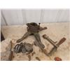 Image 2 : Wooden Box with Hinged Top, Cast 1930's Christmas Tree Stand, Axe Heads,