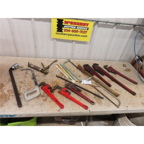 6 Pipe Wrenches, Hack Saw, Grease Guns, plus more