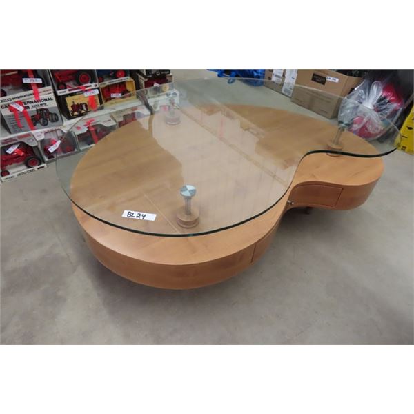 Modern Kidney Bean Shaped Wood with Raised Glass Top Coffee