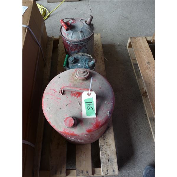 John Deere 6 gallon snowmobile gas can and two other gas cans