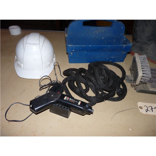 Assorted items hard hat, rope, boot brush etc