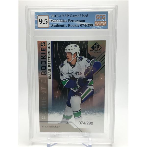 2018-19 SP GAME USED NO.200 ELIAS PETTERSSON AUTHENTIC ROOKIE 074/298 GCG GRADED 9.5