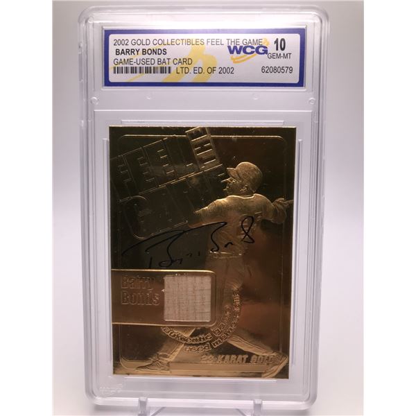 2002 GOLD COLLECTIBLES FEEL THE GAME BARRY BONDS GAME-USED BAT CARD WCG GARDED 10