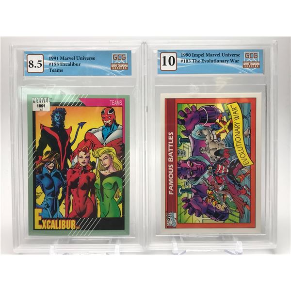 LOT OF 2 GRADED MARVEL UNIVERSE CARDS (FAMOUS BATTLES/EXCALIBUR)