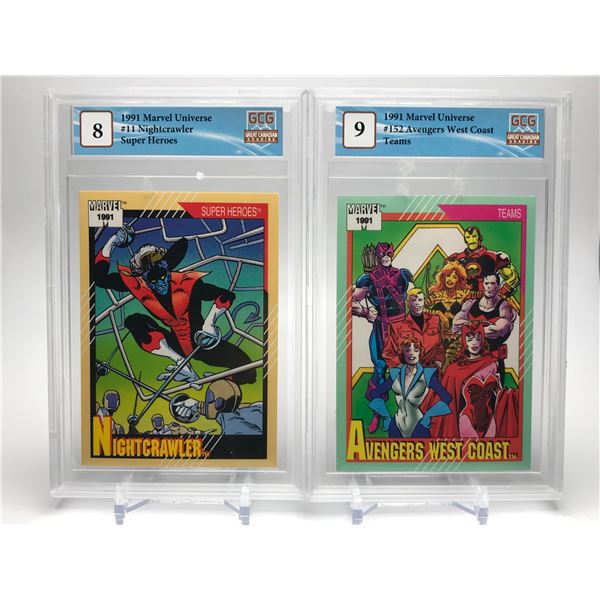 LOT OF 2 GRADED MARVEL UNIVERSE CARDS (AVENGERS WEST COAST/NIGHTCRAWLER)