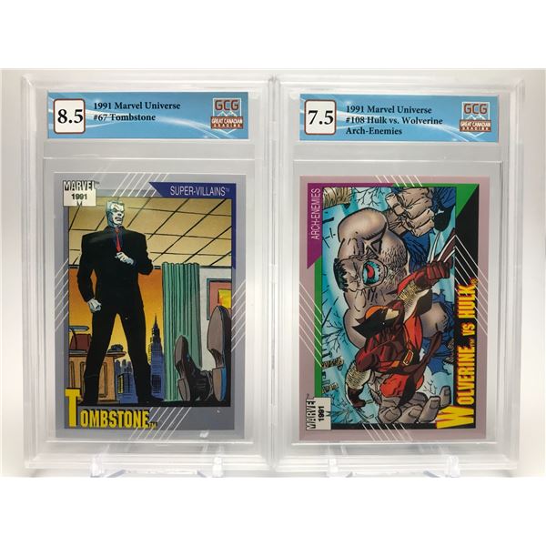 LOT OF 2 GRADED MARVEL UNIVERSE CARDS (TOMBSTONE/WOLVERINE VS HULK)