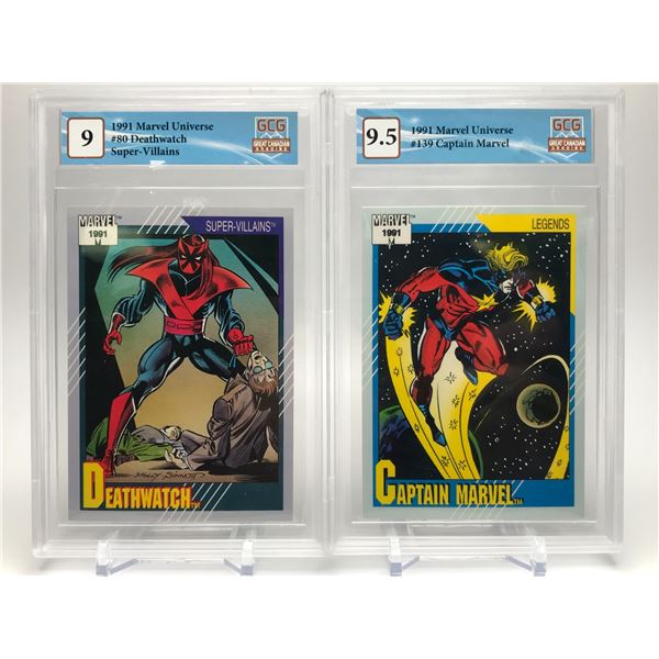 LOT OF 2 GRADED MARVEL UNIVERSE CARDS (DEATHWATCH/CAPTAIN MARVEL)