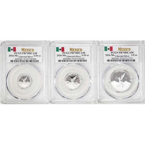 Lot of 2016-Mo Mexico Proof 1/20, 1/10 and 1/4 oz Silver Libertad Coins PCGS PR69DCAM