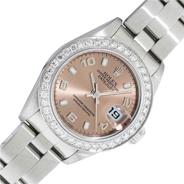 Rolex Ladies Stainless Steel Salmon Arabic Diamond Datejust Wristwatch