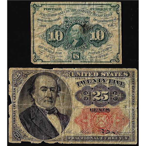 Lot of 1862 First Issue 10 Cent & 1874 Fifth Issue 25 Cent Fractional Currency Notes