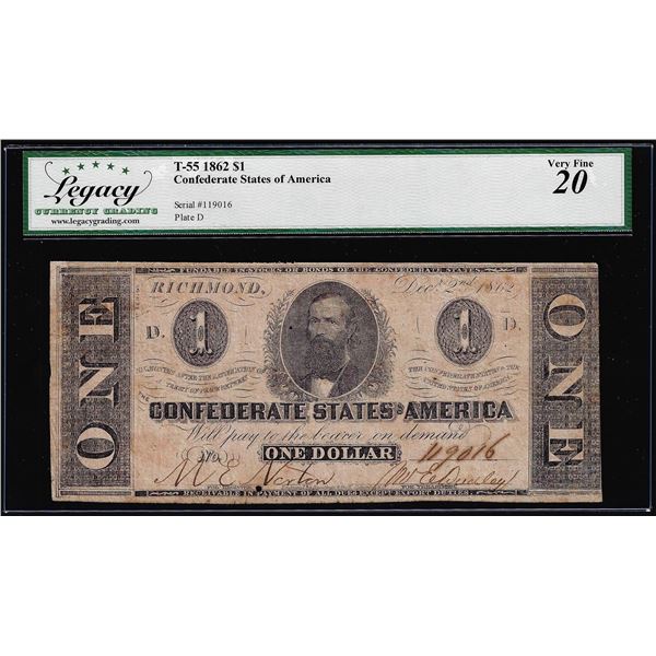 1862 $1 Confederate States of America Note T-55 Legacy Very Fine 20