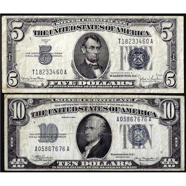 Lot of 1934D $5 & 1934 $10 Silver Certificate Notes