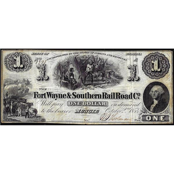 1854 $1 The Fort Wayne & Southern Rail Road Company Indiana Obsolete Note