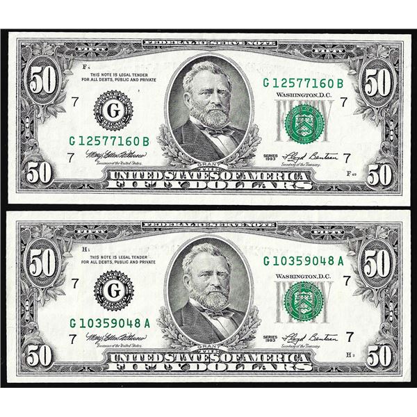 Lot of (2) 1993 $50 Federal Reserve Notes Chicago Minor Offset Error